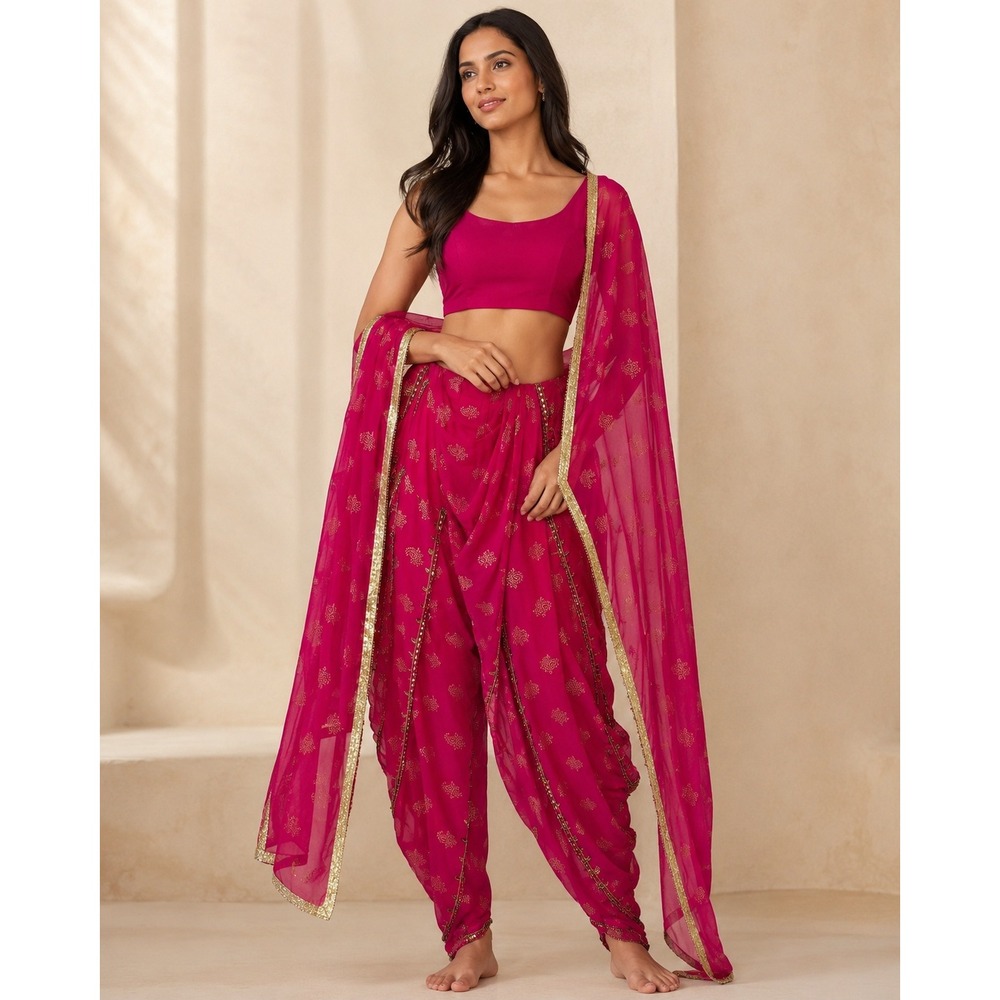 Magenta Pink Dhoti Pants and Dupatta Set Gold Paisley Embroidery Indian Ethnic